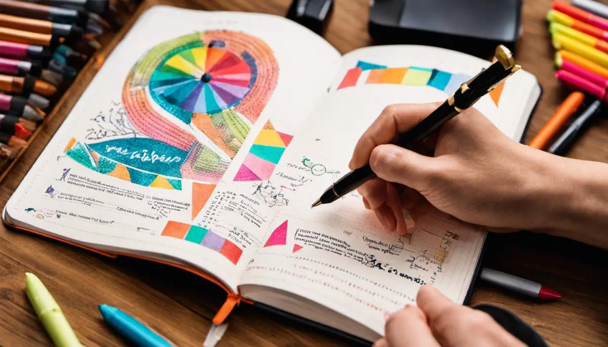 Image depicting a person's hand holding a bullet journal with a pen and colorful markers next to it.