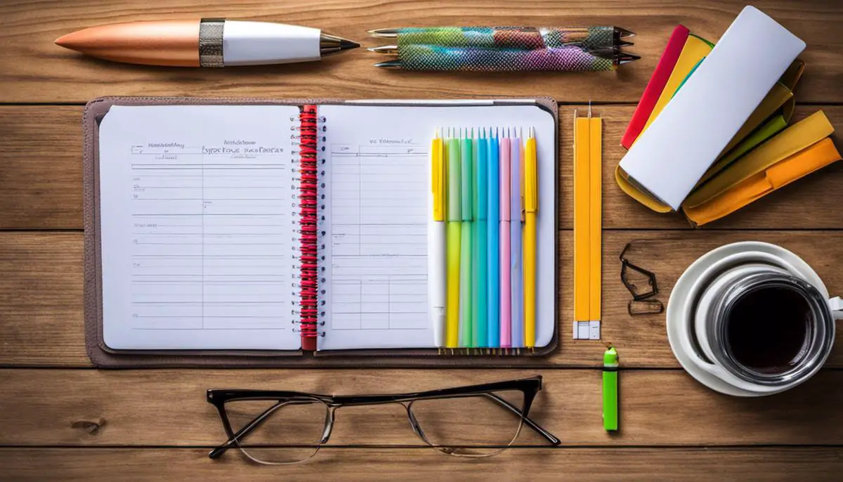 Image of a paper planner with a blank schedule and colorful pens lying on a wooden desk surrounded by office supplies